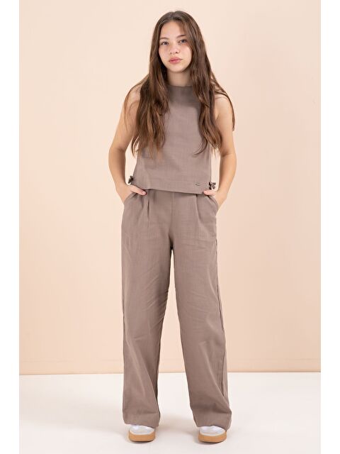 Cansın Mini Kahverengi Geniş Paça Pantolonlu Kız Çocuk Keten Croplu Takım 23449 - S000487223-19413