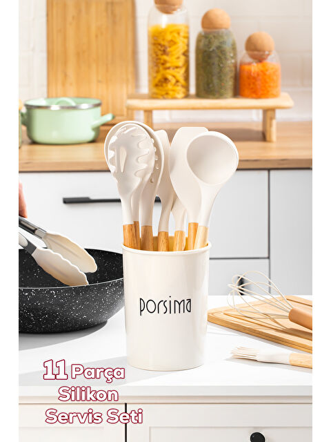 Porsima 3163 Metal Standlı Ahşap Silikon 11 Parça Servis Takımı Seti Beyaz - S000407658-37190