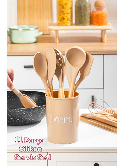 Porsima 3164 Metal Standlı Ahşap Silikon 11 Parça Servis Takımı Seti Kapicino - S000407660-17365