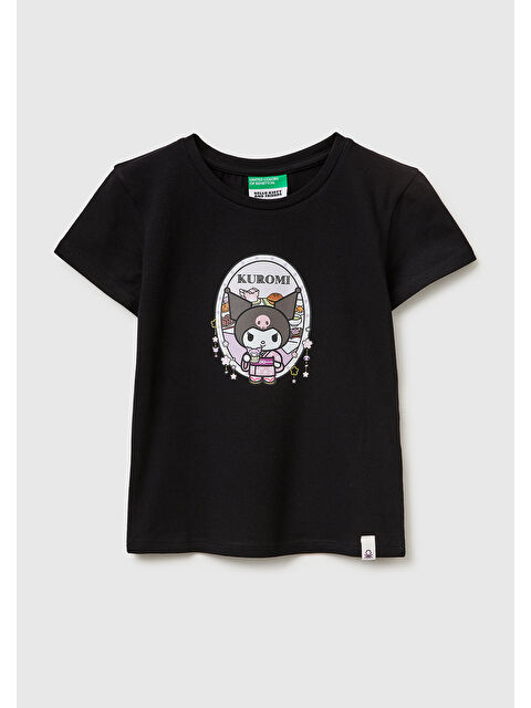 United Colors Of Benetton Kız Çocuk Siyah Önü Baskılı Etek Ucu Logolu Bisiklet Yaka T-Shirt