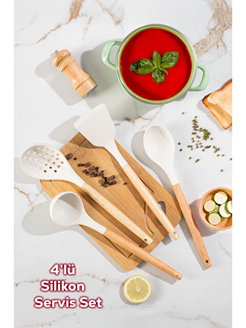 Porsima 3166 Ahşap Silikon 4 Parça Servis Takımı Seti Beyaz - S000407664-20063