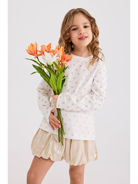 Panço Kız Çocuk Varak Baskılı Bej Tişört - S000531711-19928