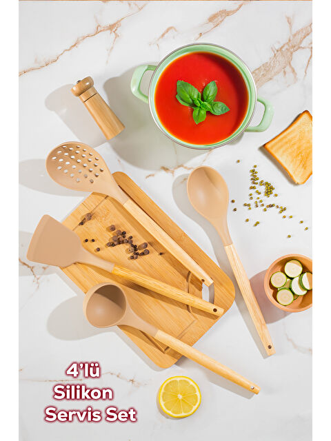 Porsima 3167 Ahşap Silikon 4 Parça Servis Takımı Seti Kapicino - S000407667-17365