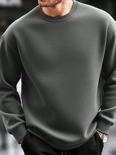 Trendseninle Füme Baskısız  Oversize Bisiklet Yaka Uzun Kollu Sweatshirt - S000491665-33408