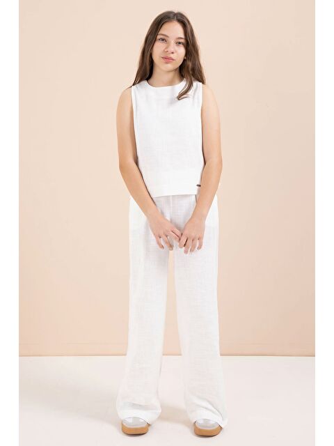 Cansın Mini Ekru Geniş Paça Pantolonlu Kız Çocuk Keten Croplu Takım 23450 - S000487223-19965