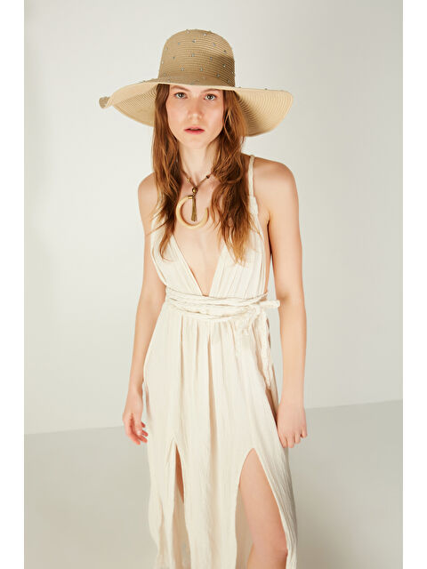 Luminos Butik Bej Geniş Kenarlı Taş İşlemeli Doğal Hasır Şapka  Tasarım  Güneşten Koruma İçin İdeal HSR2085