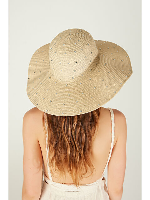Luminos Butik Bej Geniş Kenarlı Taş İşlemeli Doğal Hasır Şapka  Tasarım  Güneşten Koruma İçin İdeal HSR2085