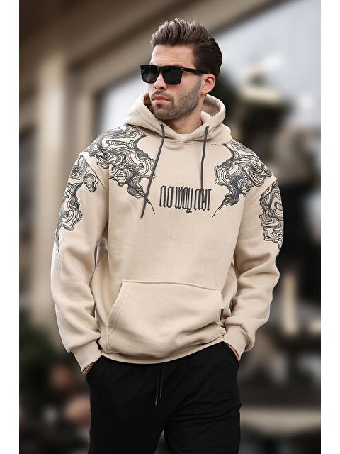 Madmext Bej Kapüşonlu Cep Detaylı Baskılı  Erkek Hoodie 7052 - S000241270-19928