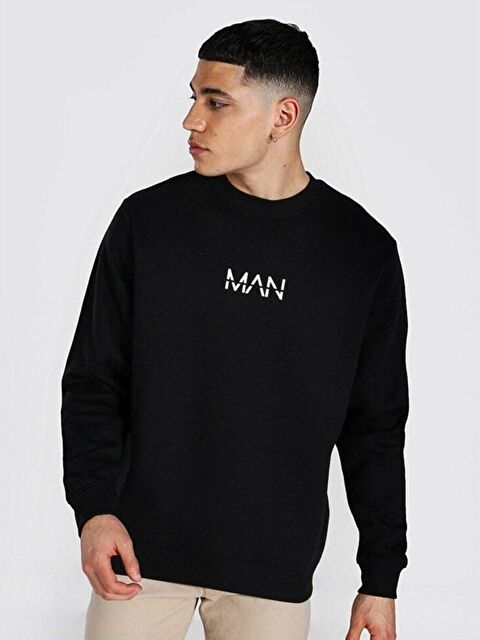 Trendseninle Erkek Siyah Man Baskılı Oversize Uzun Kollu Sweatshirt - S000491668-19351