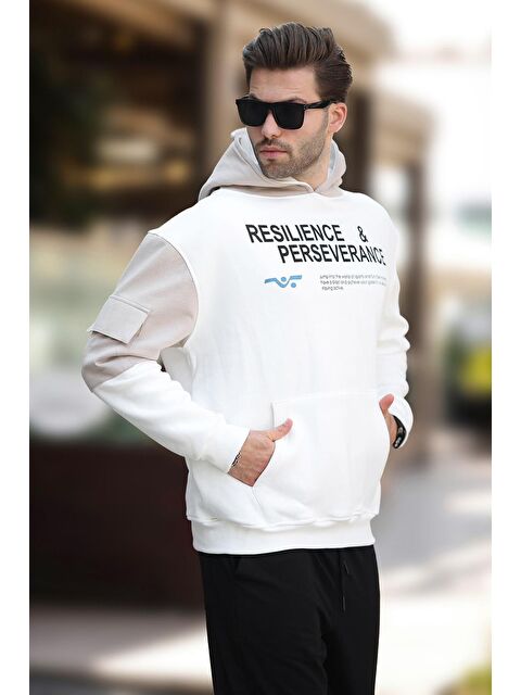 Madmext Ekru Kapüşonlu Cep Detaylı Baskılı  Erkek Hoodie 7058 - S000241272-19965