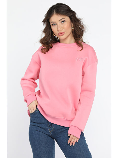 Gülseli Kalp Nakışlı Üç İplik Şardonlu Kadın Sweatshirt - S000326499-20024