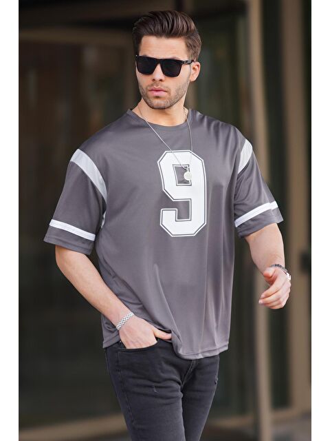 Madmext Füme Oversize Bisiklet Yaka Baskılı Tişört 6200 - S000423936-33408