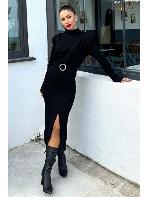 Gülseli Kadın Omuz Vatkalı Taşlı Kemerli Yırtmaçlı Triko Elbise - S000326503-19351