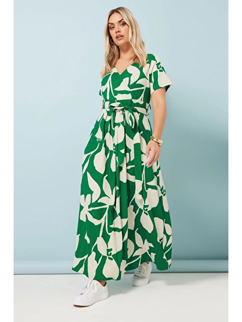 Stil Diva Büyük Beden V Yaka Çiçek Desenli Bürümcük Kumaş Elbise 304074 - S000425473-18194