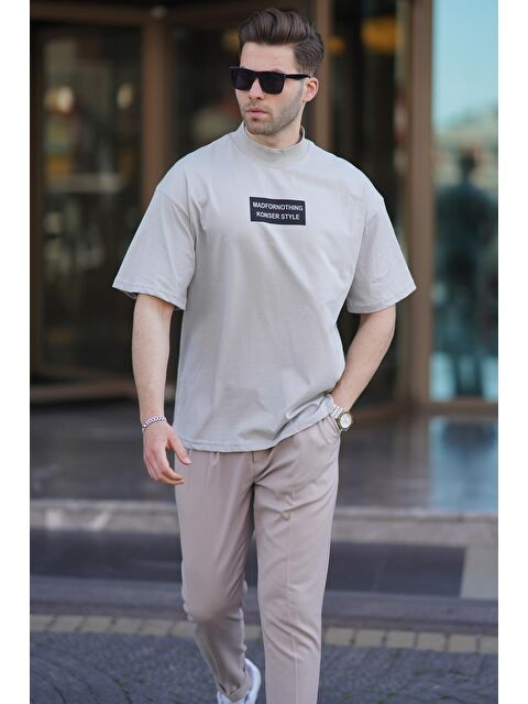 Madmext Boyalı Gri Yalancı Dik Yaka Oversize Erkek Tişört 7004 - S000423930-22875