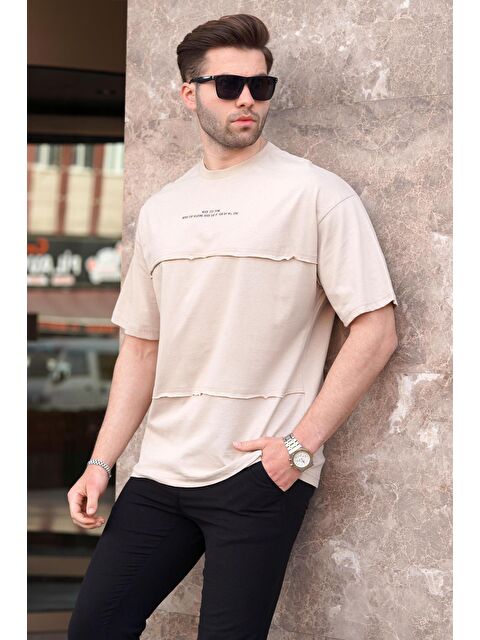 Madmext Bej Oversize Baskılı Bisiklet Yaka %100 Pamuk Tişört 7017 - S000423937-19928