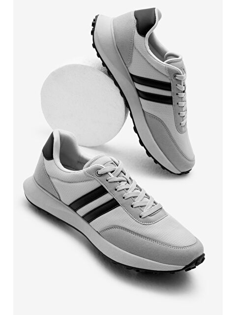 TONNY BLACK Erkek Gri Siyah Termo Taban Şeritli Nefes Alabilen Kumaş Bağcıklı Spor Ayakkabı - S000360307-37287