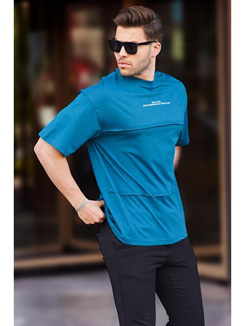 Madmext Petrol Mavisi Oversize Baskılı Bisiklet Yaka %100 Pamuk Tişört 7017 - S000423937-20019