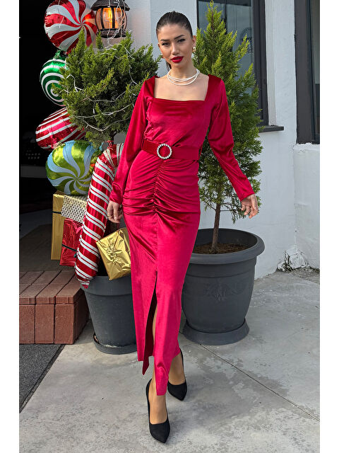 Gülseli Kadın Kare Yaka Ön Büzgülü Taşlı Kemerli Kadife Elbise - S000326507-20045