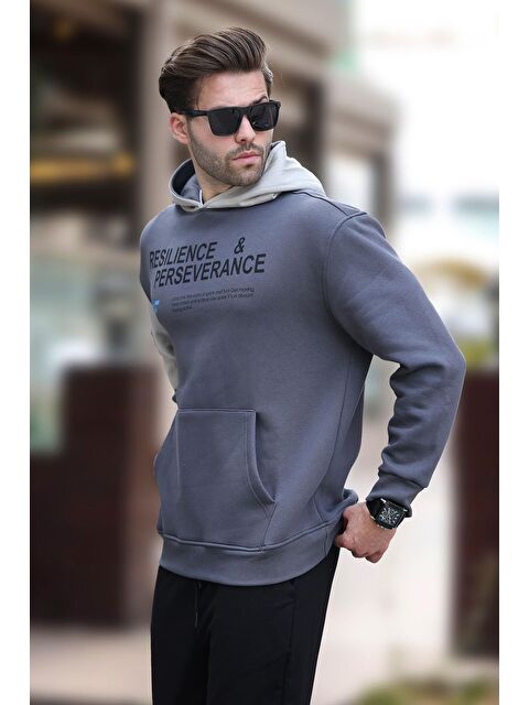 Madmext Füme Kapüşonlu Cep Detaylı Baskılı  Erkek Hoodie 7058 - S000241272-33408