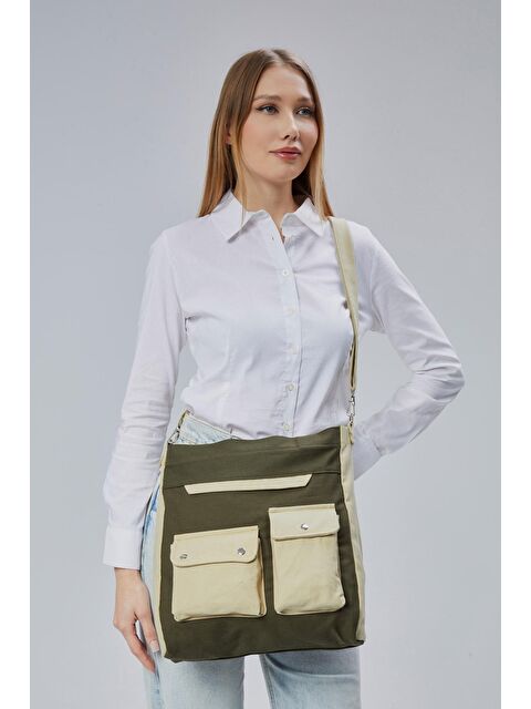 Bagg Kanvas Ön Cepleri Çıtlı Çanta (Koyu Yeşil - Bej) - S000362242-19416