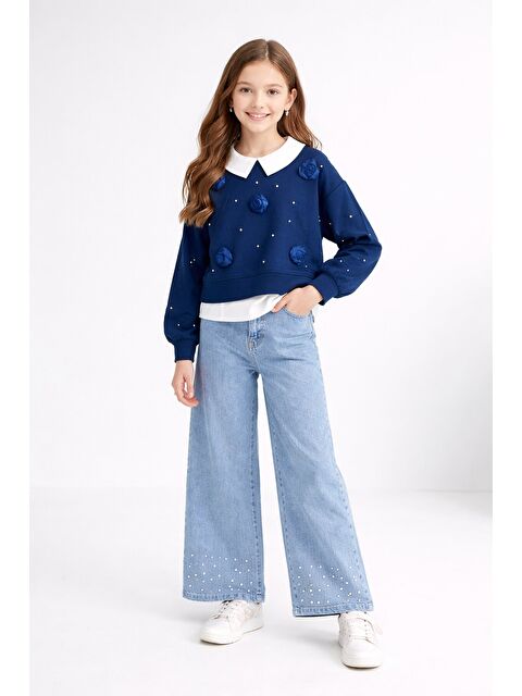 Cansın Mini Lacivert İnci İşlemeli Badili ve Jean Pantolonlu Kız Çocuk Gömlekli Takım 23600 - S000511465-21164
