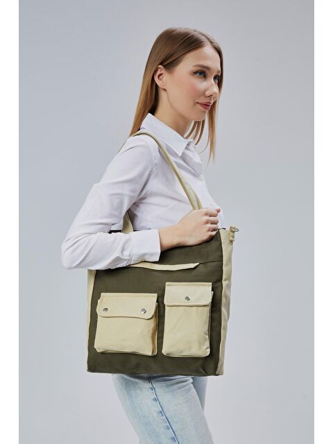 Bagg Kanvas Ön Cepleri Çıtlı Çanta (Koyu Yeşil - Bej) - S000362242-19416