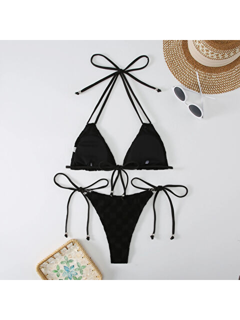 Hazelin Kadın Siyah İp Bağlamalı Aksesuarlı Astarlı Yüksek Bel Üçgen Bikini Takım HZL24S-LC2229 - S000219919-19351