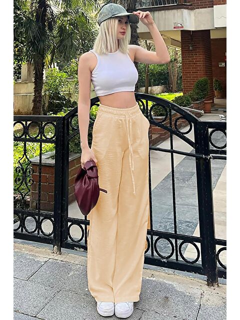 Madmext Bej Beli Büzgülü Bol Paça Kadın Pantolon Mg2011 - S000146790-19928