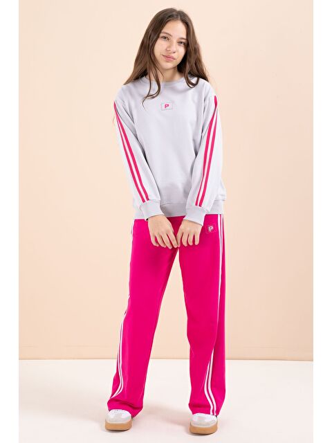 Cansın Mini Fuşya Şerit Detaylı Geniş Paça Nakışlı Kız Oversize Eşofman Takımı 23457 - S000487224-18686