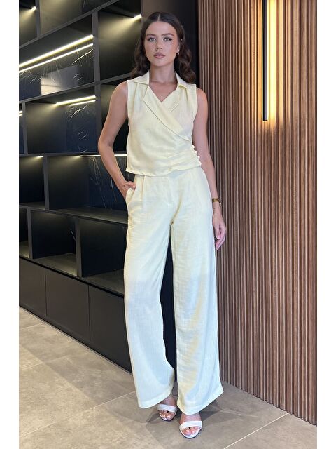 Gülseli Kruvaze Yaka Keten Yelek Pantolon İkili Takım - S000425478-20072