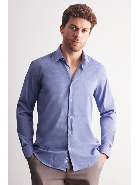 İMZA İndigo Mavi - Beyaz Sert Yaka Çizgili Desen Uzun Kol Slim Fit Esnek Gömlek 1004255176 - S000505446-23093