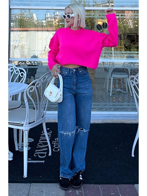 Madmext Fuşya Bisiklet Yaka Crop Kadın Kazak Mg2166 - S000262642-18686