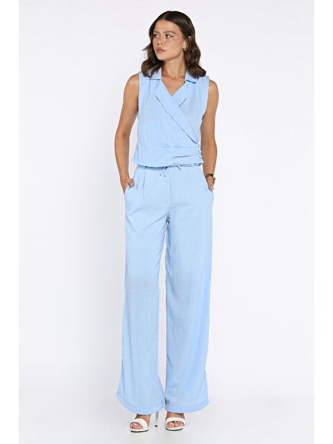 Gülseli Kruvaze Yaka Keten Yelek Pantolon İkili Takım - S000425478-17234