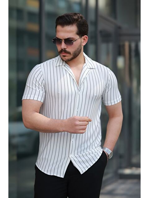 Jane's Erkek Kısa Kollu Gri çizgi Desenli örme Kumaş Pamuklu Gömlek - S000528973-20063