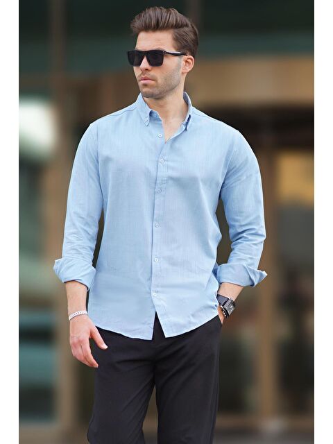 Madmext Mavi Uzun Kollu Pamuklu Keten Görünümlü Erkek %100 Pamuk Gömlek 6743 - S000212542-17234