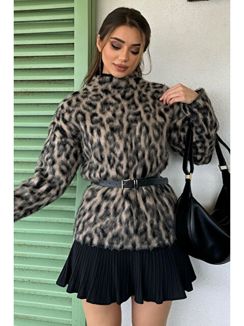 Gülseli Kadın Leopar Desenli Sakallı Triko Kazak - S000326516-37423