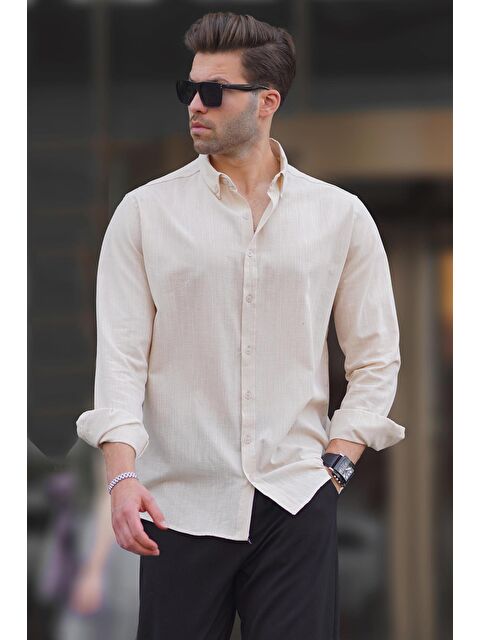 Madmext Bej Uzun Kollu Pamuklu Keten Görünümlü Erkek %100 Pamuk Gömlek 6743 - S000212542-19928