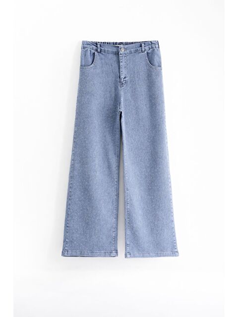 Cansın Mini Mavi Taş İşlemeli Geniş Paça Beli Lastikli Kız Çocuk Jean Pantolon 23738 - S000520555-17234