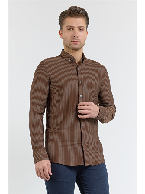 İMZA Kahverengi Çizgili Desen İtalyan Yaka Uzun Kol Torba Cep Standart Fit Esnek Gömlek 1004260157