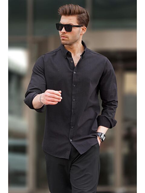 Madmext Siyah Uzun Kollu Pamuklu Keten Görünümlü Erkek %100 Pamuk Gömlek 6743 - S000212542-19351