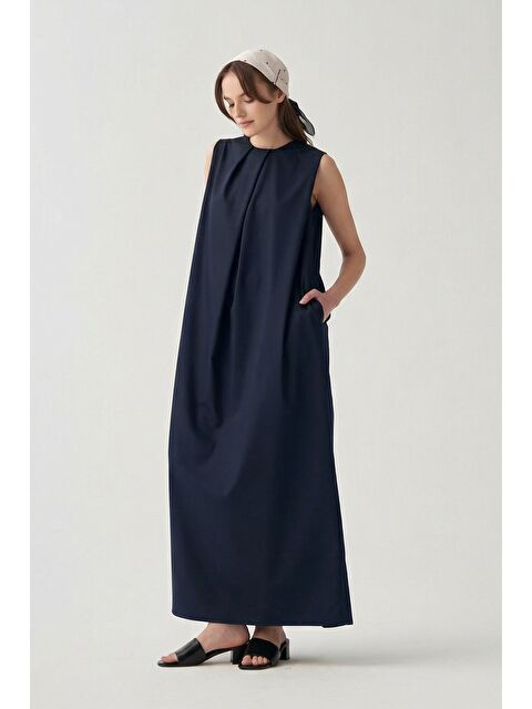 ALLDAY Lacivert-Önü Pile Detaylı Polyviscon Elbise