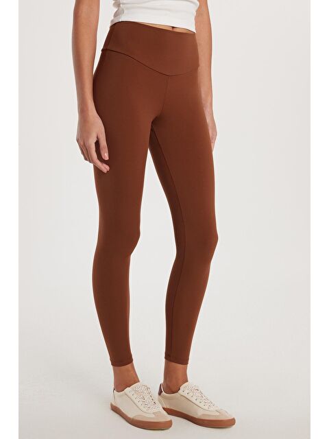 TUDORS Kadın Süper Slim Beli Lastikli İnterlok Standart Boy Normal Bel Kahverengi Tayt - S000523150-19413