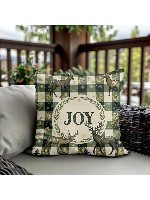 Evmila Yılbaşı Temalı Joy Desenli Ekose Kadife Kırlent Kılıfı 43x43 cm - S000285295-23173