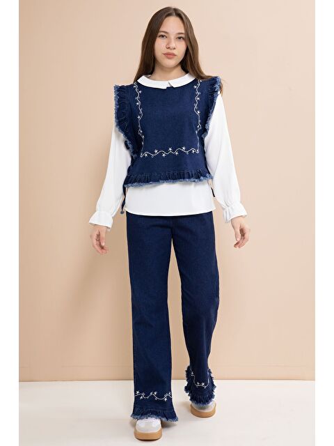 Cansın Mini Lacivert Nakışlı Jean Süveterli Püsküllü Pantolonlu 3lü Kız Çocuk Jean Takım 23484 - S000492747-21164