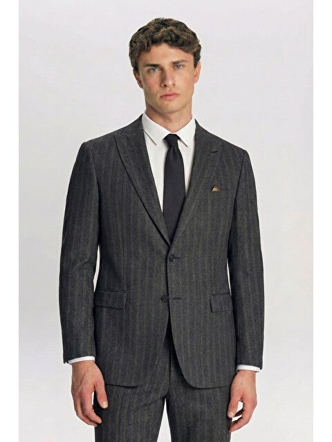 Sabri Özel Giotelli Koyu Lacivert Yelekli Çizgili Mono Yaka Roma Kalıp 8 Drop Tam Astarlı Erkek Takım Elbise Rm - S000524053-29672