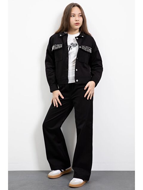Cansın Mini Siyah İnci Detaylı Jean Ceketli Kız Çocuk 3lü Pantolonlu Takım 23480 - S000492746-19351