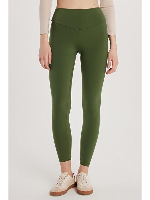 TUDORS Kadın Süper Slim Beli Lastikli İnterlok Standart Boy Normal Bel Haki Tayt - S000523152-18547