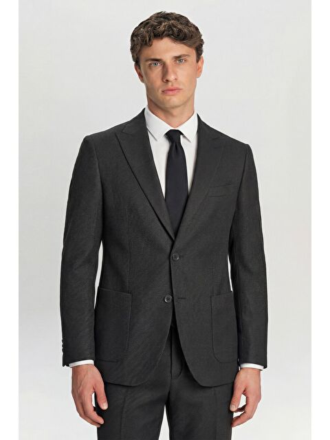 Sabri Özel Erkek Antrasit Slim Fit Sivri Yaka Diyagonal Desenli 6 Drop Tam Astarlı Takım Elbise - S000524055-29666