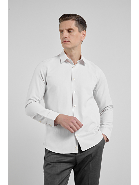 İMZA Koyu Bej Kendinden Desenli Sert Yaka Uzun Kol Cepsiz Slim Fit Pamuklu Gömlek 1004255283